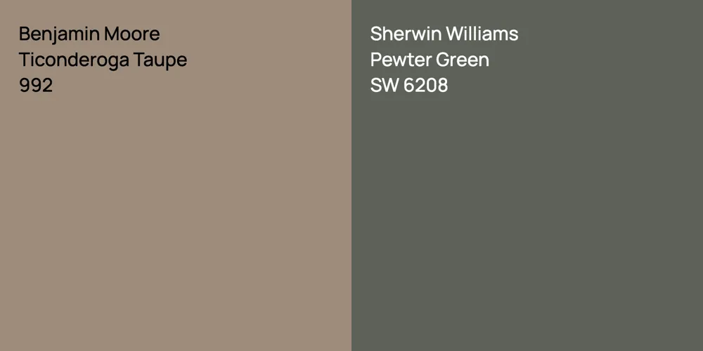 Benjamin Moore Ticonderoga Taupe vs. Sherwin Williams Pewter Green