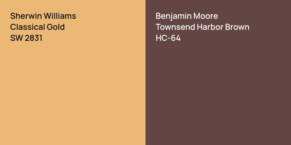 Sherwin Williams Classical Gold vs. Benjamin Moore Townsend Harbor Brown