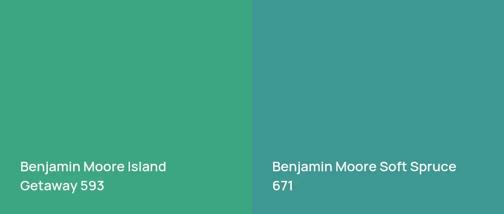 Benjamin Moore Island Getaway 593 vs Benjamin Moore Soft Spruce 671
