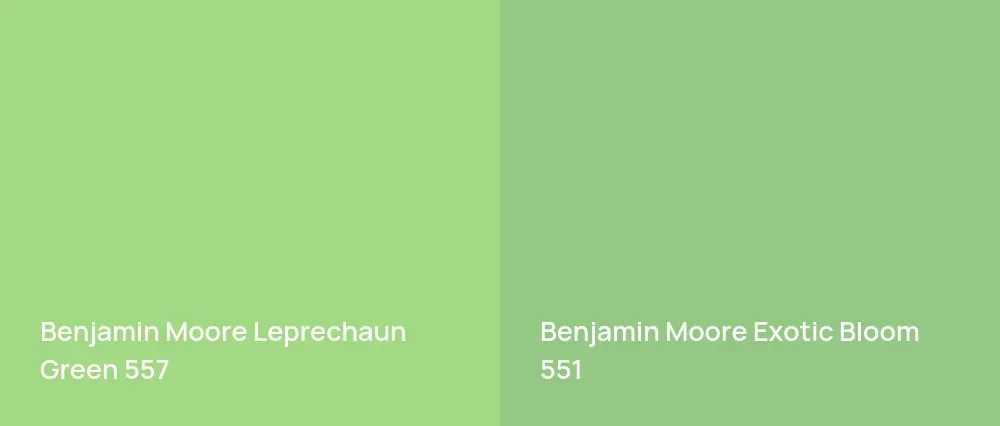 Benjamin Moore Leprechaun Green 557 vs Benjamin Moore Exotic Bloom 551
