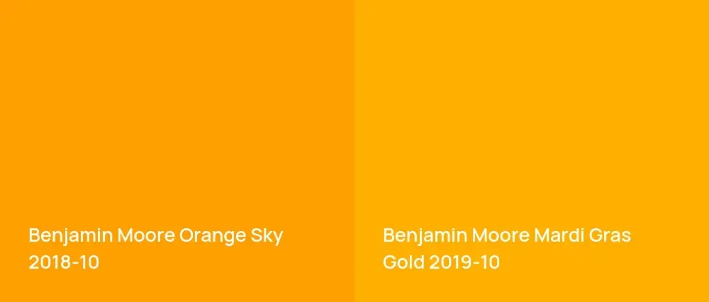 Benjamin Moore Orange Sky 2018-10 vs Benjamin Moore Mardi Gras Gold 2019-10