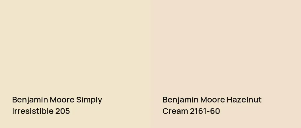 Benjamin Moore Simply Irresistible 205 vs Benjamin Moore Hazelnut Cream 2161-60