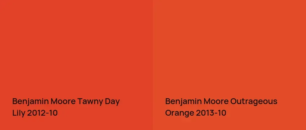 Benjamin Moore Tawny Day Lily 2012-10 vs Benjamin Moore Outrageous Orange 2013-10