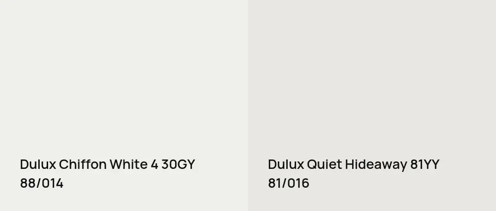 Dulux Chiffon White 4 30GY 88/014 vs Dulux Quiet Hideaway 81YY 81/016