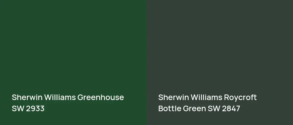 Sherwin Williams Greenhouse SW 2933 vs Sherwin Williams Roycroft Bottle Green SW 2847