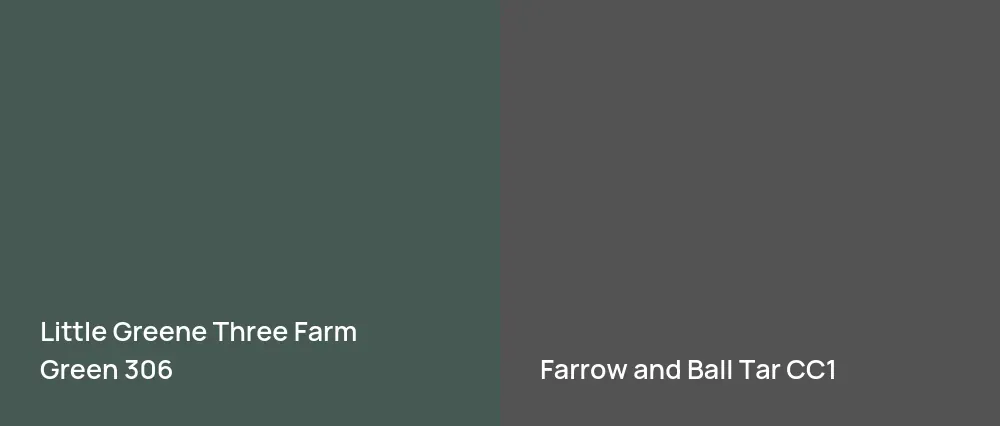 Little Greene Three Farm Green 306 vs Farrow and Ball Tar CC1