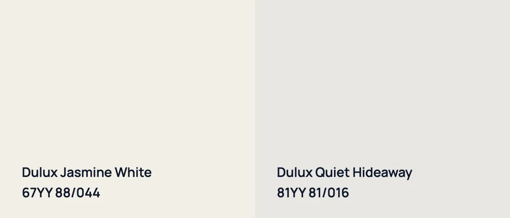 Dulux Jasmine White 67YY 88/044 vs Dulux Quiet Hideaway 81YY 81/016