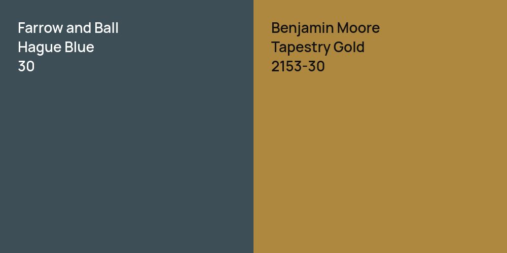 Farrow and Ball Hague Blue vs. Benjamin Moore Tapestry Gold