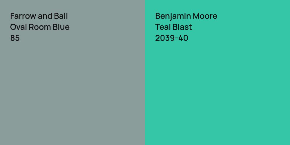 Farrow and Ball Oval Room Blue vs. Benjamin Moore Teal Blast