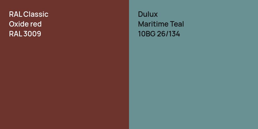 RAL Classic  Oxide red vs. Dulux Maritime Teal