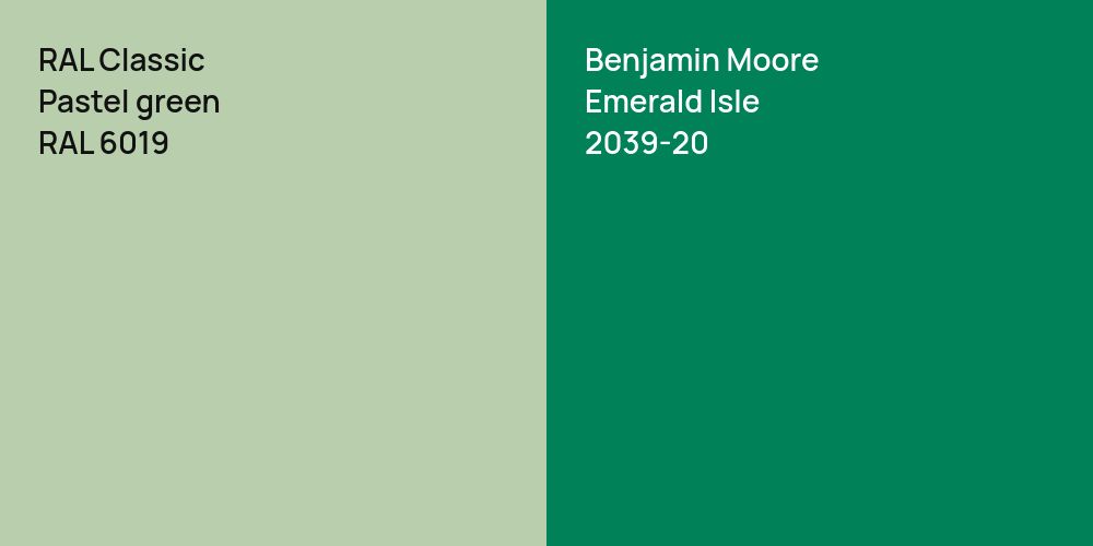 RAL Classic  Pastel green vs. Benjamin Moore Emerald Isle