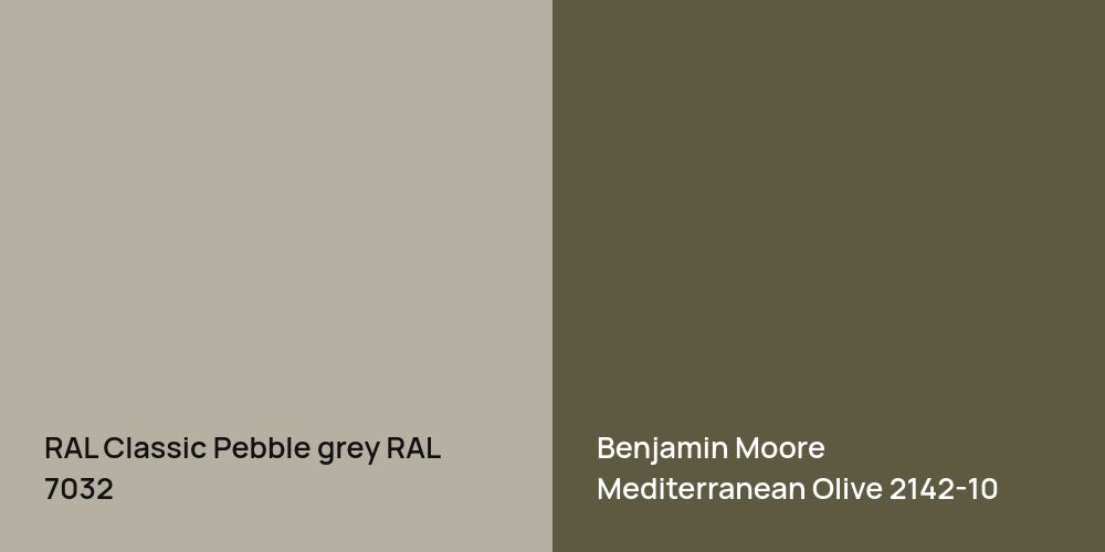 RAL Classic  Pebble grey vs. Benjamin Moore Mediterranean Olive