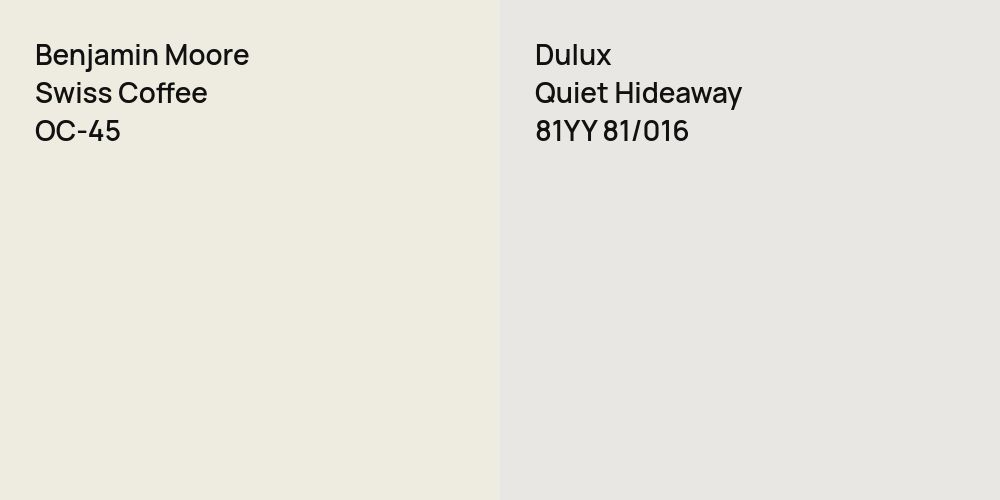 Benjamin Moore Swiss Coffee vs. Dulux Quiet Hideaway