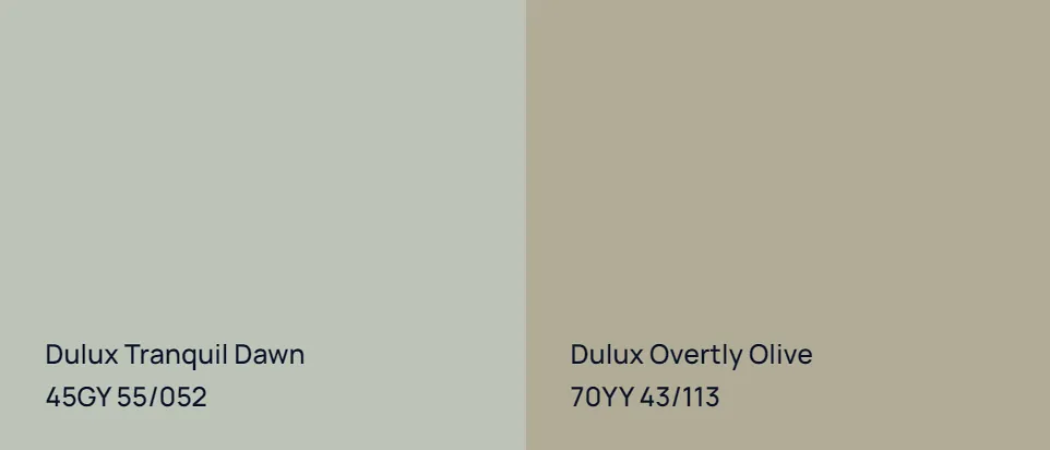 Dulux Tranquil Dawn 45GY 55/052 vs Dulux Overtly Olive 70YY 43/113
