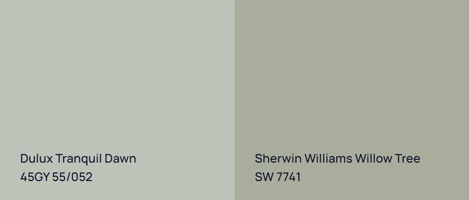 Dulux Tranquil Dawn 45GY 55/052 vs Sherwin Williams Willow Tree SW 7741