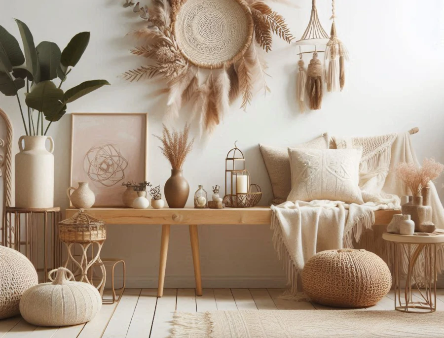 Boho interior with white walls